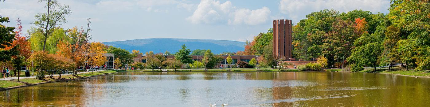 Looking over the reflecting pond at the Eve Chapel